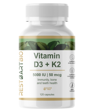 Restartbio, Витамин D3 (5000 МЕ) + К2 (МК-7), капсулы, 120 шт.