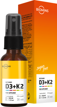 Biomins, Витамин D3 + K2, спрей, 30 мл