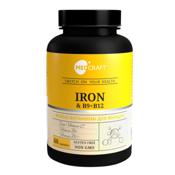 MEDCRAFT, Железо (бисглицинат) + витамины С, В9 и В12, капсулы, 60 шт.
